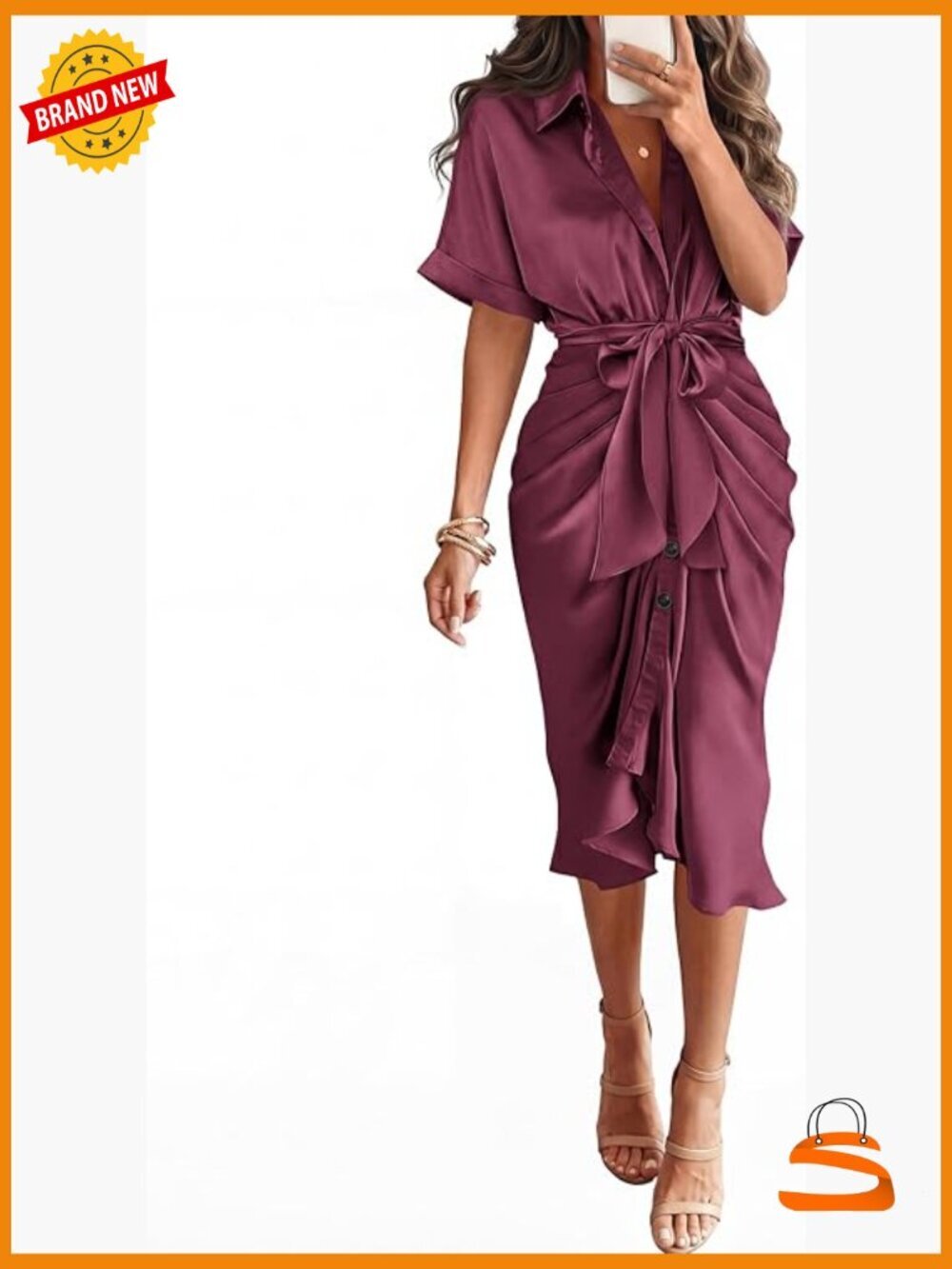Silk Satin Ruched Maxi Dress with Belt Short Sleeve Wedding Guest